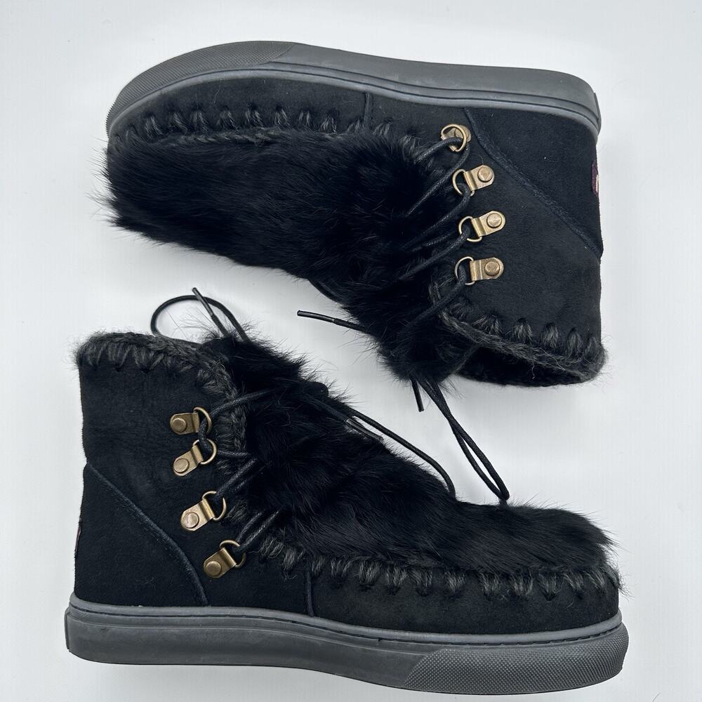 MOU Women’s Eskimo Sneakers Black Fur Lace Up Size 37 EU 6.5 US